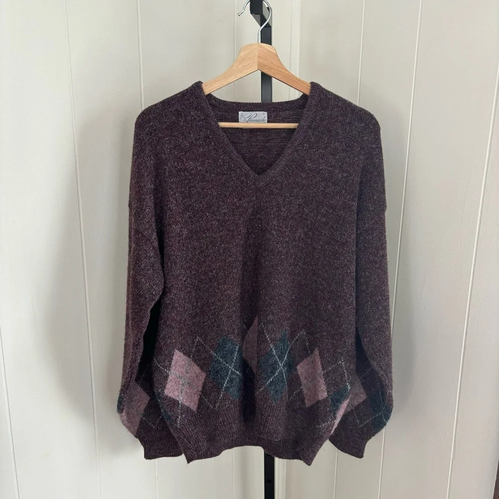 Vintage Pinnacle Wool Acrylic Blend Purple Argyle V Neck Pullover Sweater Men L - Picture 2 of 5